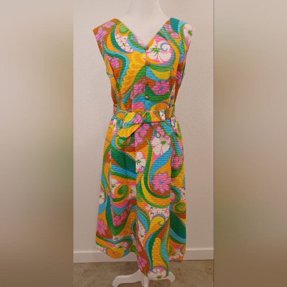 Vintage Rona Vibrant 70s Graphic Peint Floral Dress With Bow Belt